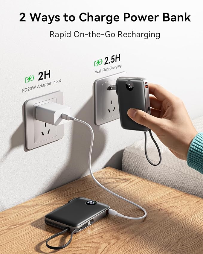 Portable Charger Power Bank 10000mAh, 45% Smaller Built-in Cables & AC Plug | Built-in Cables & AC Plug, 22.5W Fast Charging, 4-Device Charging, Travel Essential, for iPhone, iPad & Samsung Galaxy, Black - Image 6