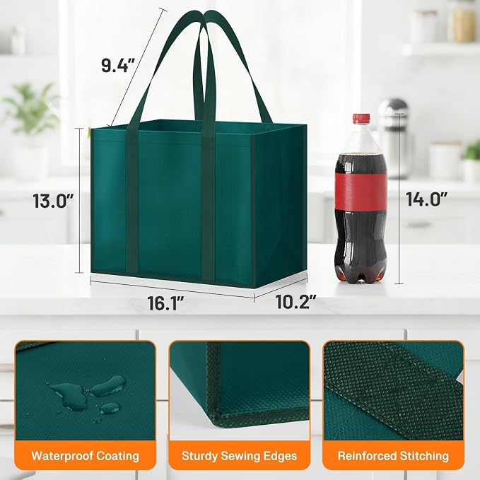 WISELIFE Reusable Grocery Bags, Foldable, Lasting Use, 35L, 6 Pack, Green | Large Shopping Bags with Reinforced Stitching, Water-Resistant Grocery Totes for Kitchen, Market, Car Trunk, Picnic - Image 5