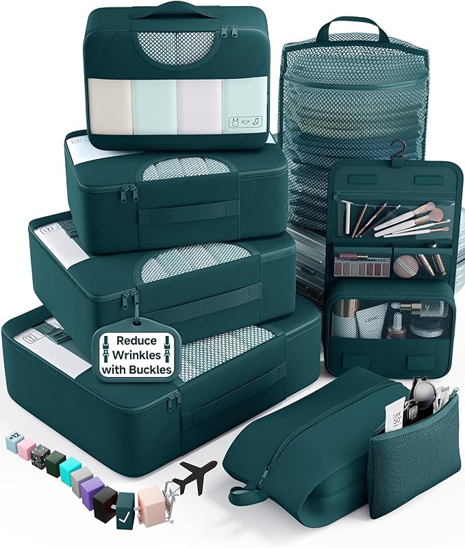 Veken 8 Set Packing Cubes for Travel Essentials,Anti-Wrinkle Buckled Suitcase Organizer for Shoe & Toiletry Bag,Carry On Luggage Bag with 99+ Count Mesh Holes for Airplane & College Dorm Accessories by Veken