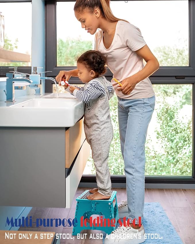 Folding Step Stool 9 Inch, Non-Slip Surface Stool for Kids, Dot Blue | Heavy Duty Foldable Stools, Lightweight, Holds 300 lb, for Toddler Kitchen Bathroom Bedroom Outdoor, Collapsible with Handle - Image 5