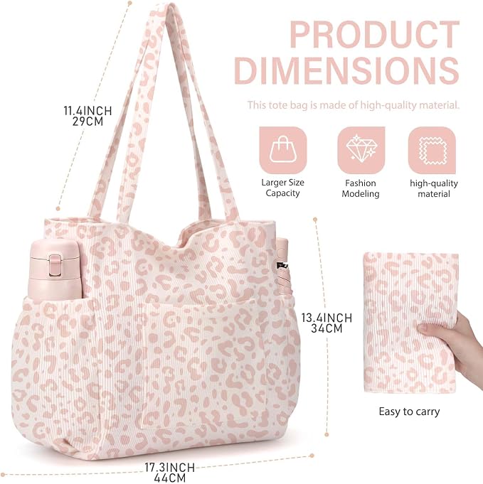 Corduroy Tote Bag for Women,Large Capacity Cute Tote Bags With 6 Pockets,Crossbody Shoulder Handbag for Work Travel Gym - Image 9