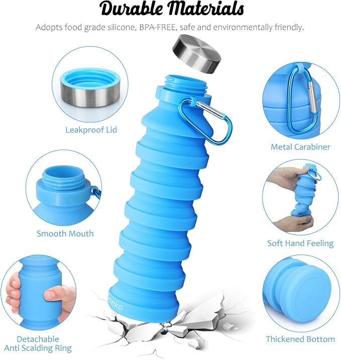 Nefeeko Collapsible Water Bottle, Reuseable BPA Free Silicone Water Bottles | Foldable Water Bottles for Travel Gym Camping Hiking, Portable Leak Proof Sports Water Bottle with Carabiner - Image 3