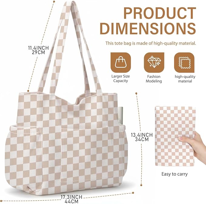 Corduroy Tote Bag for Women,Large Capacity Cute Tote Bags With 6 Pockets,Crossbody Shoulder Handbag for Work Travel Gym - Image 7