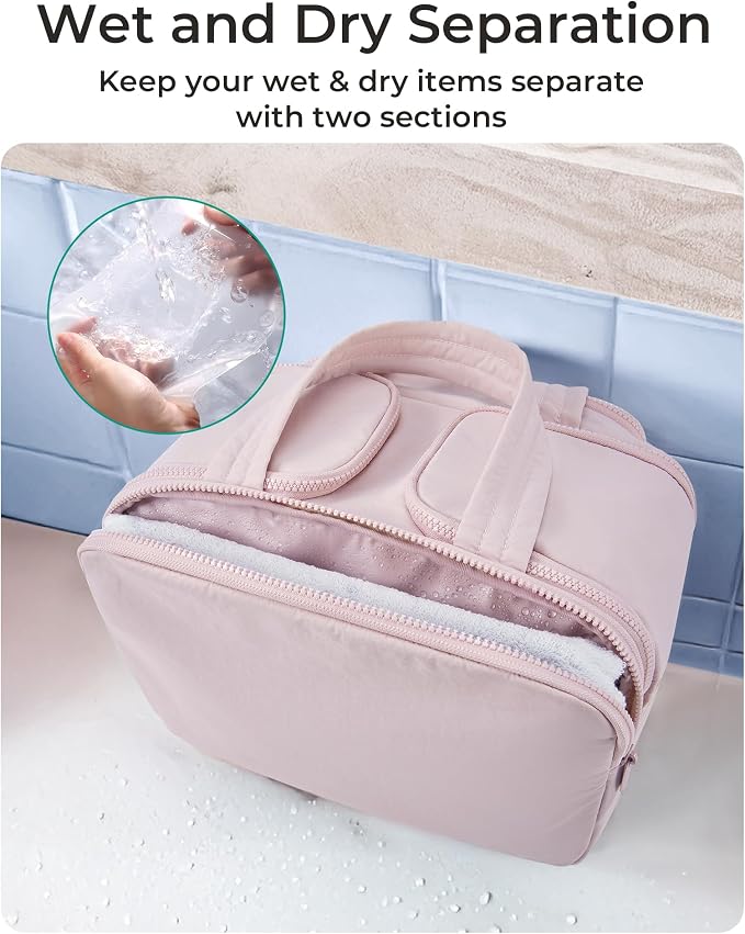BAGSMART Travel Toiletry Bag, Crush Toiletry Bag for Women, Wide-open Puffy Toiletry Bags for Traveling, Large Travel Cosmetic Makeup Bag Organizer for Accessories,Toiletrie, Pink - Image 5