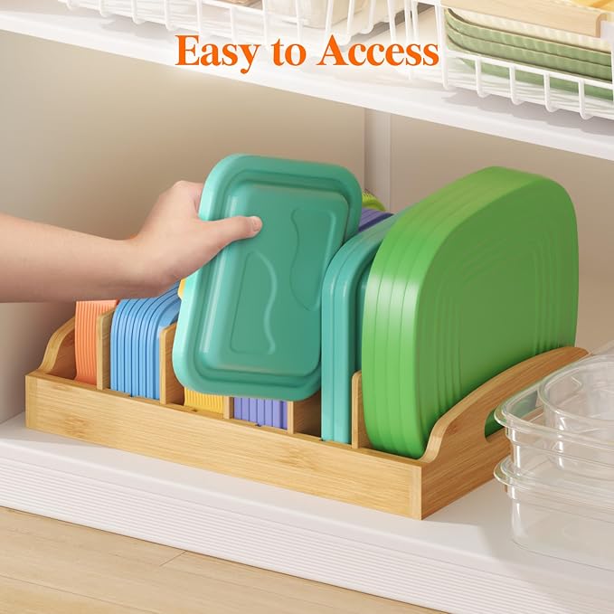 Lifewit Bamboo Lid Organizers for Inside Cabinet with 6 Sections | Food Container Lid Holder with 5 adjustable Inserts, Kitchen Pantry organizer and storage, Large, 13.2" x 10", Natural - Image 9