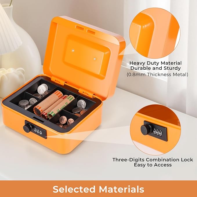 Cash Box with Money Tray and Combination Lock Metal Money Box Change Lock Box for Money 7.87" x 6.3" x 3.54" Orange - Image 5