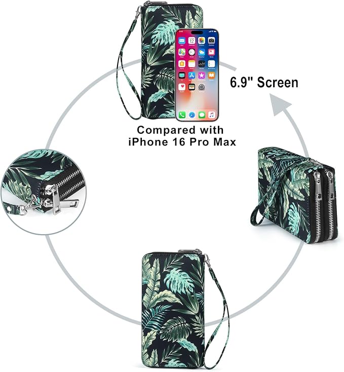RFID Blocking Cellphone Wallet for Women with Wrist Strap, Double Zipper Travel Clutch Purse Large Capacity, Palm Leaf - Image 6