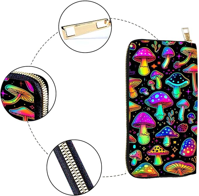 Women's RFID Blocking PU Leather Zip-Around Wallet, Large Capacity Clutch with Phone Holder, Travel Purse & Card Organizer with Removable Wristlet,Cute Colorful Mushroom - Image 4