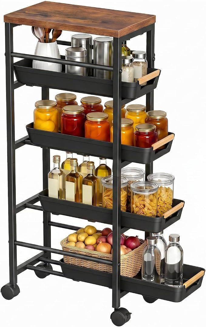 Pipishell Slim Storage Cart, Wooden Top Narrow Kitchen Storage Cart, Black | 5 Tier Skinny Rolling Cart with Pull-Out Baskets, Vented Design & Lockable Wheels for Kitchen, Bathroom, Laundry Room - Image 8