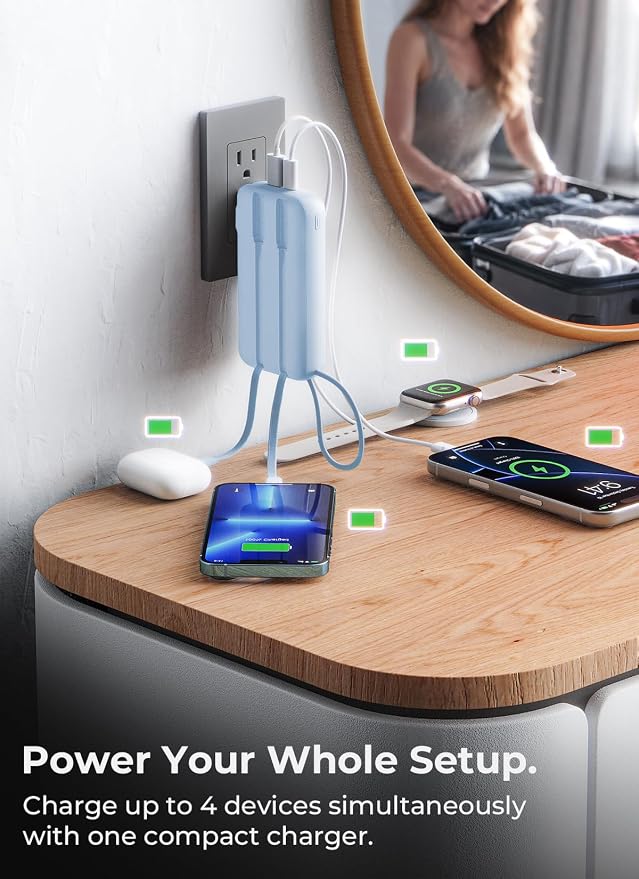 Portable Charger 50000mAh, Power Bank with Built-in Cables & Wall Plug | Fast-Charging, Ultra-High-Capacity Battery Pack for Travel Essential, for iPhone, Samsung, Google Pixel, and iPad-Sky Blue - Image 6