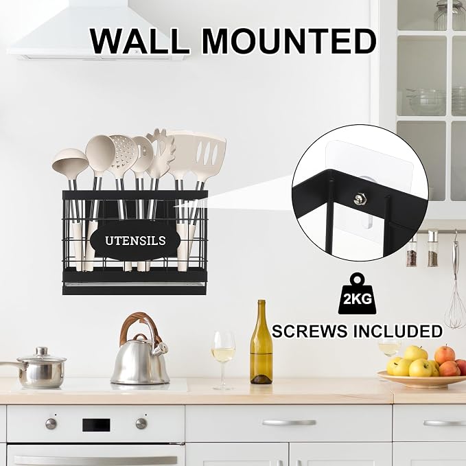 Magnetic Utensil Holder for Fridge Large Silverware Organizer Kitchen Utensil Organizer with Draining Kitchen Counter Sturdy Black Metal Cooking Caddy Storage for Silicone Spatula Fork Spoon - Image 4