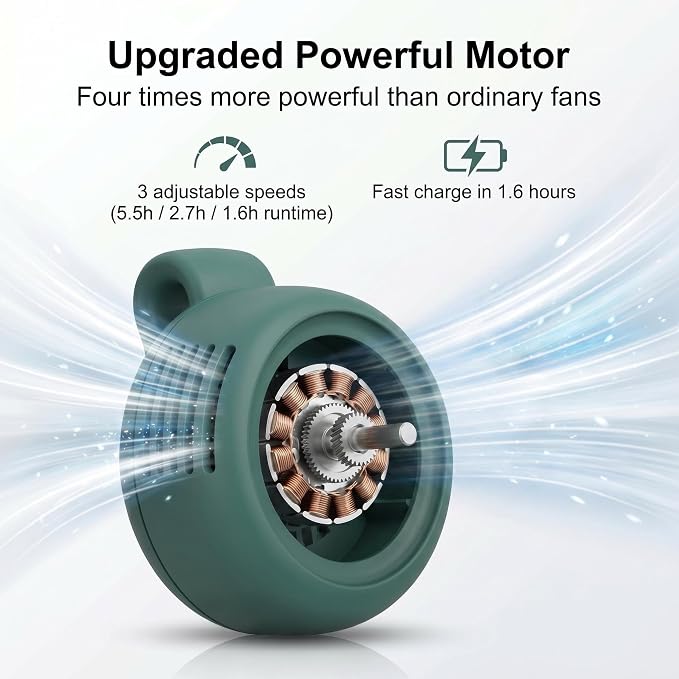 Portable Silent Bladeless Clip on Fan, Mini Fan with Clip, Rechargeable Personal Handheld Fan, Adjustable 3-Speed Suspended Waist Fan for Outdoor, Camping, Travel, Office (Green) - Image 2