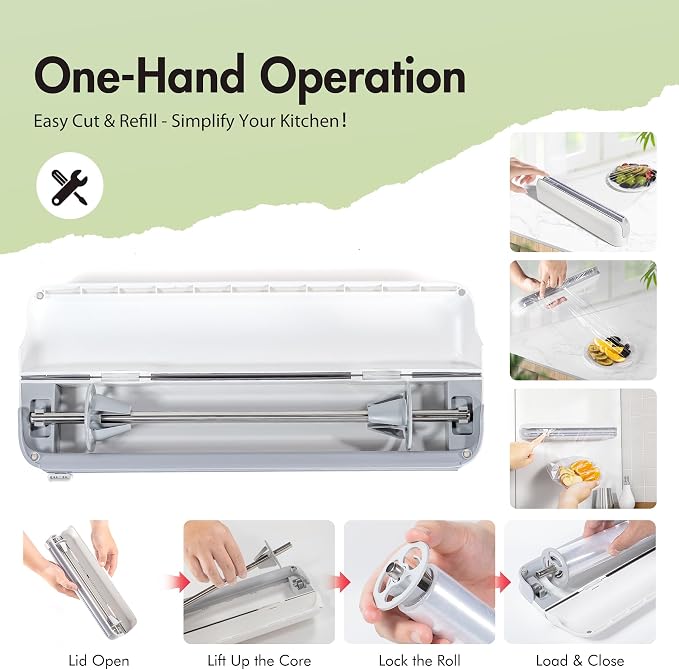 Aluminum Foil & Plastic Wrap Dispenser with Cutter - Easy One-Hand Operation, Space-Saving Kitchen Organizer for Worktops & Cabinets, Magnetic Cling Film Dispenser - Fits 12" Rolls, Gray - Image 6