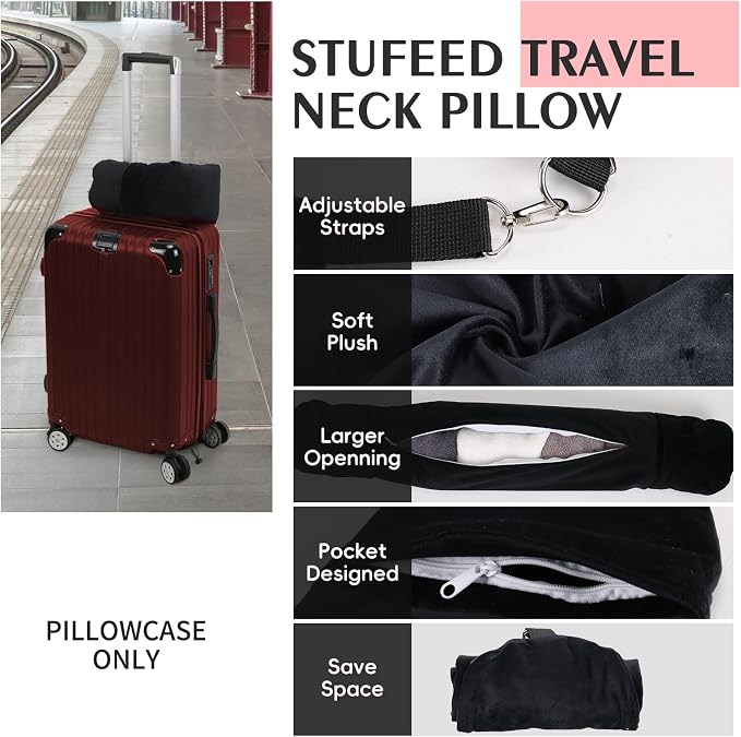 Stuffable Neck Pillow for Travel, Packable Neck Pillow (Black) | Velvet cover, Stuff with clothes to save luggage space, No extra baggage fees, Fits 5+ days travel essentials, Zipper closure - Image 3