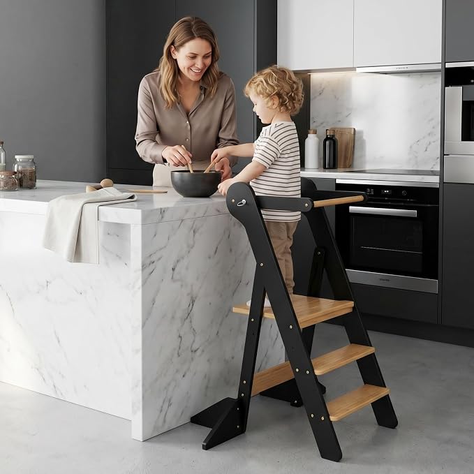 COSYLAND Toddler Standing Tower Foldable Toddler Kitchen Step Stool | Adjustable Height Folding Step Stool for Kids Learning, Cooking - Ages 18 Months-6 Years with Safety Net Natural & Charcoal - Image 9