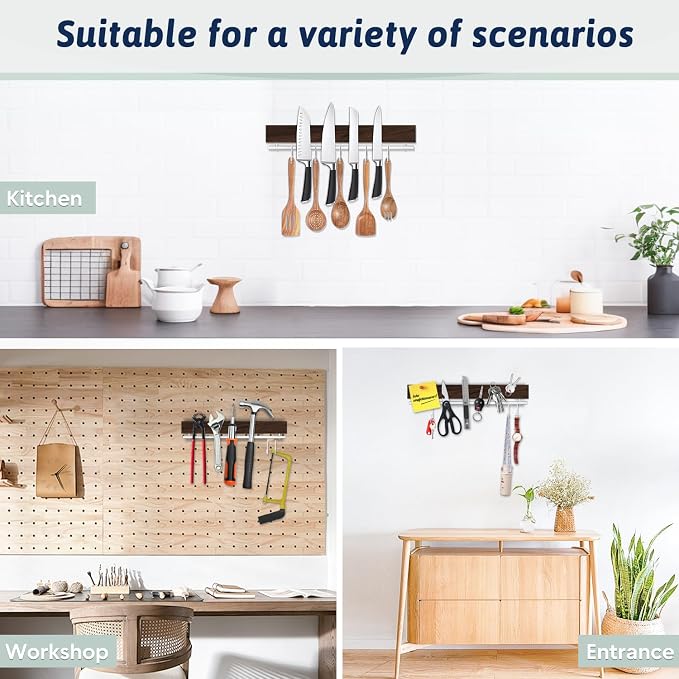 12 Inch Magnetic Knife Holder for Wall - Stainless Steel Magnet Knife Strip No Drill with 5 Hooks/Adhesive Tape/Screws, Wall Mounted Kitchen Utensil Holder, Walnut-Finish Magnetic Knife Organizer - Image 7
