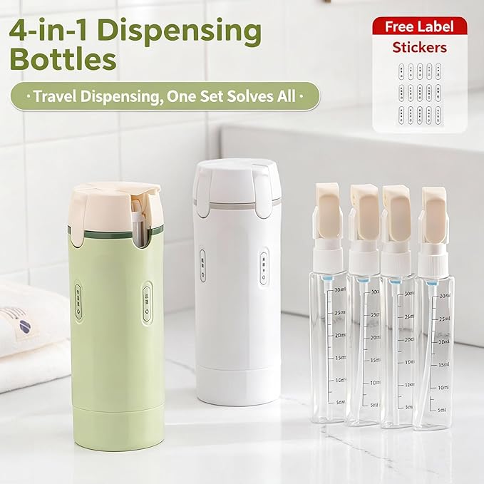 4 in 1 Travel Dispenser Bottle, Refillable Leak Proof Travel Size Bottles for Toiletries, Shampoo, Body Wash, Lotion, Conditioner (Light Green, 16.5cmx5.5cm, 30ml x 4, Plastic) - Image 2
