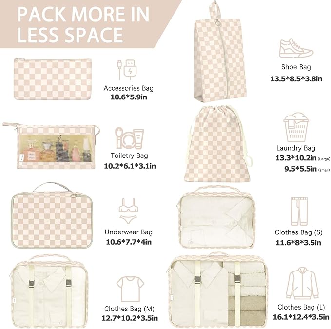 KPX 8 Set Packing Cubes for Travel, Luggage Packing Organizers Accessories Large Toiletries Bag for Clothes Shoes Cosmetics (Two-tone Khaki) - Image 2
