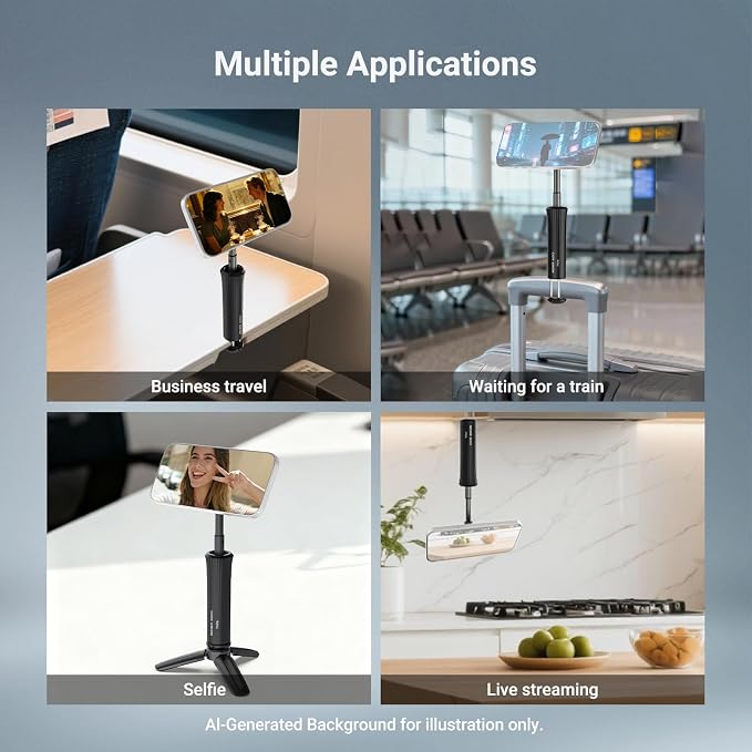NEEWER Airplane Phone Holder, Magnetic Smartphone Desk Mount Tripod Stand Handheld Selfie Stick Plane Gadget Travel Essentials Compatible with MagSafe iPhone Samsung Android for Video Recording, TP016 - Image 5