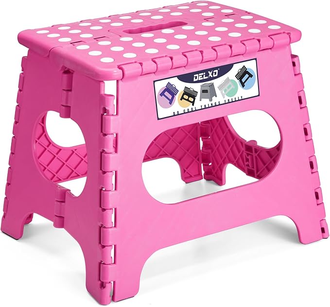 Delxo Folding Step Stool 11 Inch,300 Lbs Step Stool for Kids & Adults Pink | Foldable Step Stool 11",Non-Slip Foot Stools with Handle,Lightweight Collapsible stools for Kitchen,Bathroom,Bedroom,Garden by Delxo