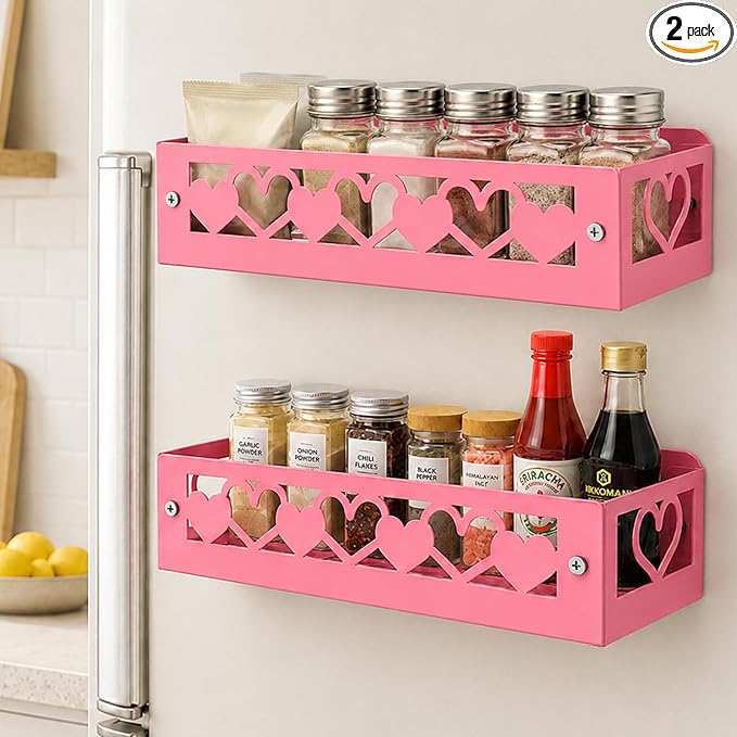 OYEFLY Pink Heart Magnetic Spice Rack for Refrigerator, Metal Magnetic Shelf Basket, Cute Fridge Organizer and Storage, Pink Kitchen Accessories for Spice Storage, Cabinet or Laundry Room (2) by OYEFLY