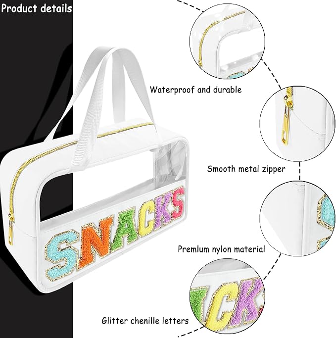 Bunliuys Chenille Letter Clear Makeup Bag Travel Patch, Travel Toiletry Makeup Bag with Handle, Nylon Waterproof Makeup Bags clear cosmetic bag, preppy patch makeup bag for Women (SNACKS-White) - Image 3