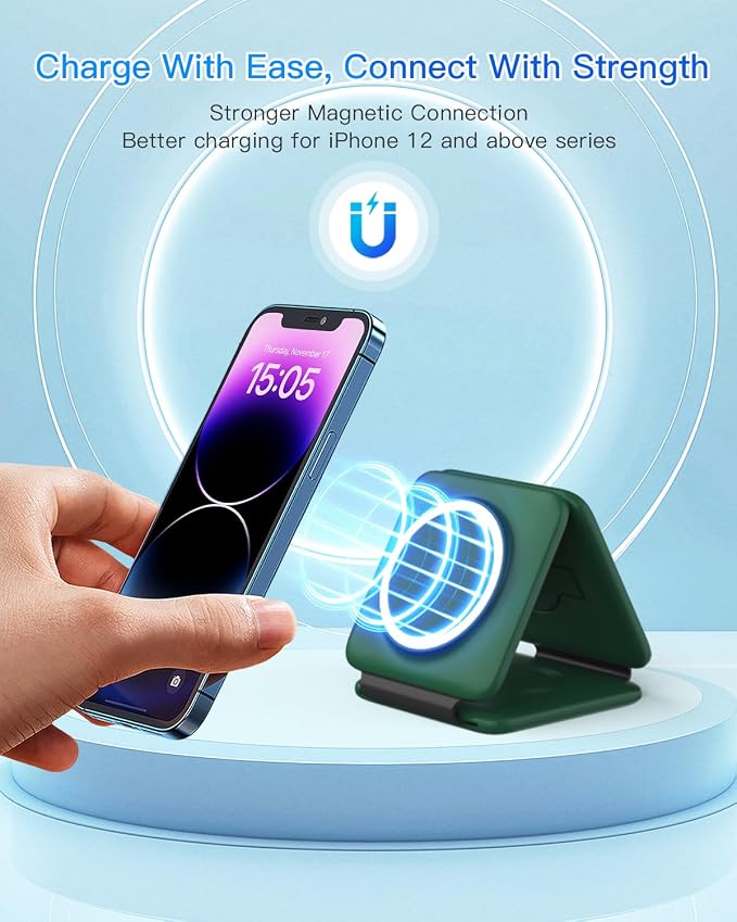 Iseyyox 3 in 1 Wireless Charger for iPhone - Foldable Charging Station Travel Charging Dock Compatible with iPhone 17 16 15 14 13 12 Pro Max Plus Watch & Airpods - Image 7
