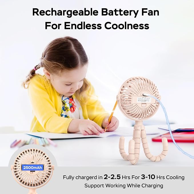 COMLIFE Baby Stroller Fan With Light, Rechargeable Battery Operated, Max 10Hrs Cooling, 3 Speeds, 360° Rotate USB Desk Fan, Flexible Tripod Clip On Fan for Stroller Car Seat Crib Treadmill Golf Cart - Image 4
