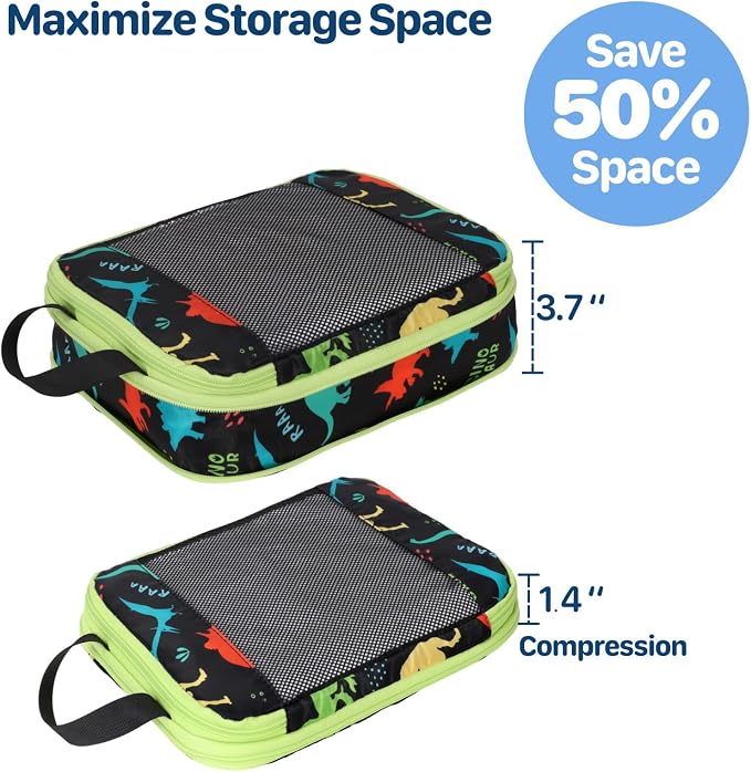 Kids Compression Packing Cubes - 4 PCS Sets, Black Dinasour | Water Resistant 4 Piece Set with Shoe Bag, Toddler Suitcase Organizer Set, Expandable Storage for Luggage - Image 5