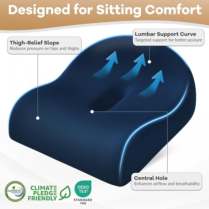 Ergonomic Memory Foam Seat Cushion for Office Chair, Blue | Wheelchair Cushions for Tailbone, Hip, Sciatica Support, Soft & Breathable, Chair Pad for Long Sitting, Driving - Image 2