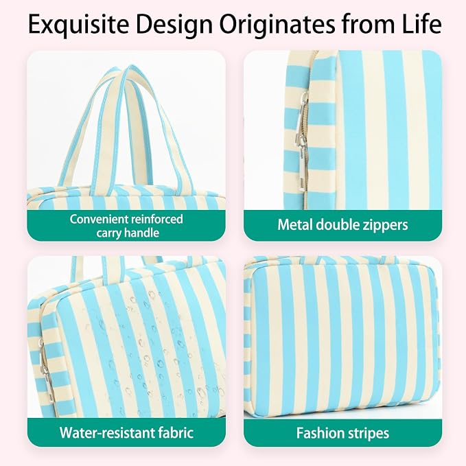 Toiletry Bag for Women Travel Water-resistant Cosmetic Bag Fashion Stripes Makeup Bag with Hanging Hook Preppy for Store Toiletries Cosmetic Accessories Medium Blue - Image 2