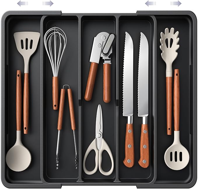 Aujen Silverware Drawer Organizer, Adjustable Utensil Cutlery Tray | Expandable Kitchen Organizer for Forks Knives, Multipurpose Kitchen Storage, Apartment Essentials, Black, X-Large by AUJEN