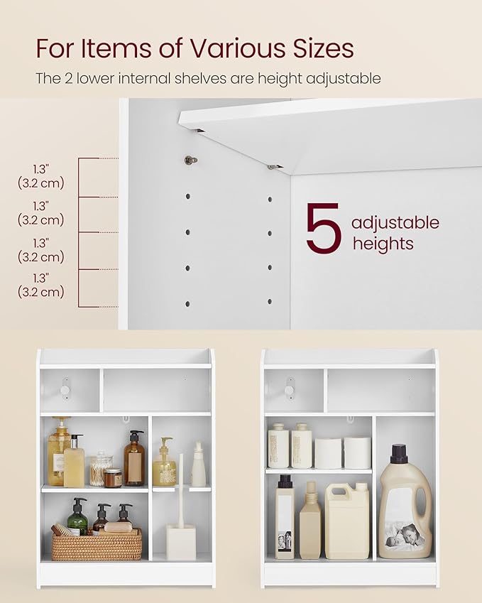 VASAGLE Slim Bathroom Storage Cabinet, Sliding Doors, Cloud White | Adjustable Shelves，Toilet Paper Holder, Brush Compartment, 23.6 x 7.9 x 31.5 Inches, SIREN Collection UBBC752W01 - Image 6