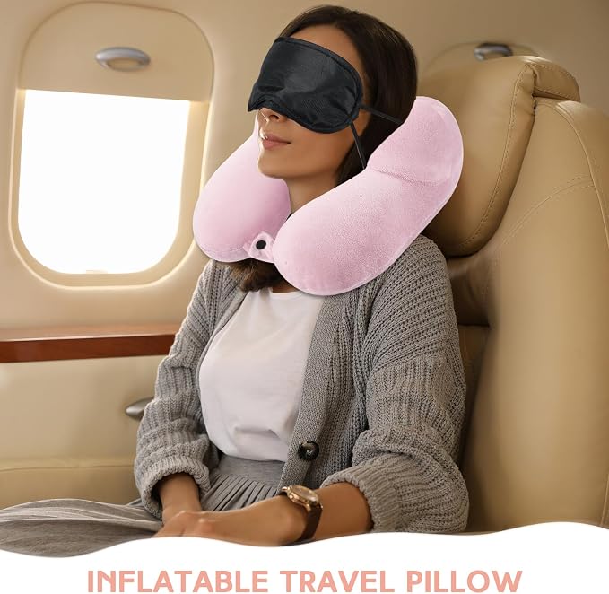 Sintuff 2 Pack Inflatable Travel Pillow for Airplanes Inflatable Neck Flight Pillows with Compact Bag and Blindfold for Traveling, Airplane, Train, Car, Office(Light Pink and Violet) - Image 4