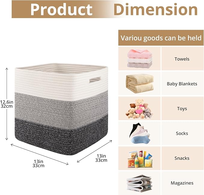 OIAHOMY 13 Inch Cube Storage Bins, 3-Pack Cotton Rope Woven Baskets for Organizing, Insert Storage Baskets for Shelves, Baby Nursery, Closet Organizer, 13 * 13 * 12.6IN, Gradient Gray - Image 2