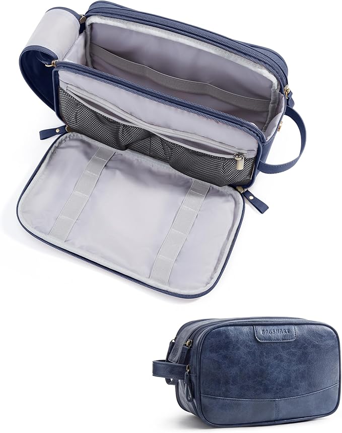 BAGSMART Large Toiletry Bag for Men, PU Leather Water Resistant, Navy Blue | High-gloss, Travel Bag for Toiletries, Dopp Kit, Shaving Bag for Bathroom Shower by BAGSMART