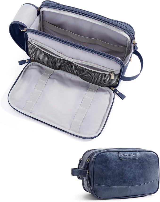 BAGSMART Medium Toiletry Bag for Men, PU Leather Water Resistant, Navy Blue | High-gloss, Travel Bag for Toiletries, Dopp Kit, Shaving Bag for Bathroom Shower by BAGSMART
