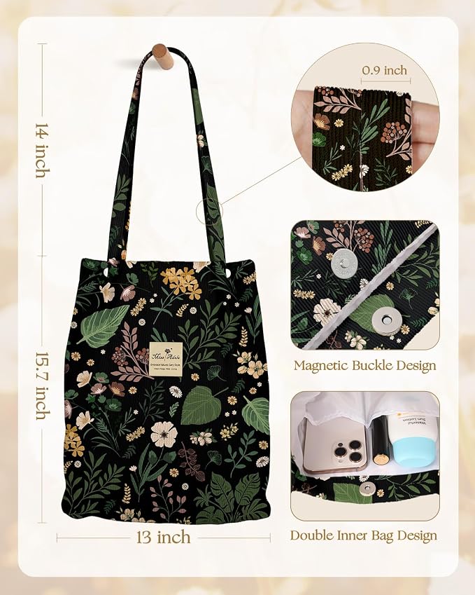 Miss Adola Corduroy Tote Bag for Women with Aesthetic Design | Magnetic Buckle & Pocket, Reusable, Soft, Roomy, Long Shoulder Handles, Double-sided Print, Casual Daily Work, Grocery Bags - Image 5