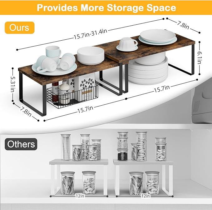 OGEMXU Cabinet Shelf Organizers, 15.7 inches Large Kitchen Counter Shelf, Set of 4 Wood Kitchen Pantry Organizer, Storage Shelves for Countertop, Spice Rack, Stackable, Expandable, Metal Black, Brown - Image 2