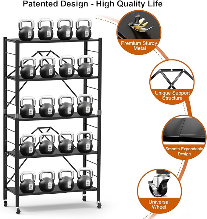 Himix 5-Tier Foldable Expandable Storage Shelves Wheels Kitchen 2-in-1 Rack | Folding shelving units, Metal collapsible organization, Changeable into 2 shelf units, Adjustable, Garage, Holds 2400 Ibs - Image 6