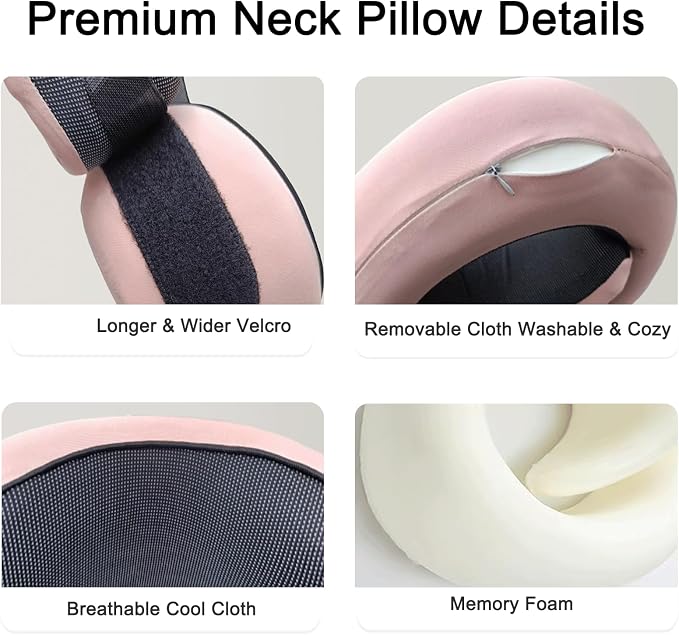 Travel Neck Pillow for Airplanes, 100% Pure Memory Foam Travel Pillow, 360° Support Ergonomic Design, Portable Airplane Pillow with Washable Cover, Perfect for Airplanes, Car & Office - Image 3
