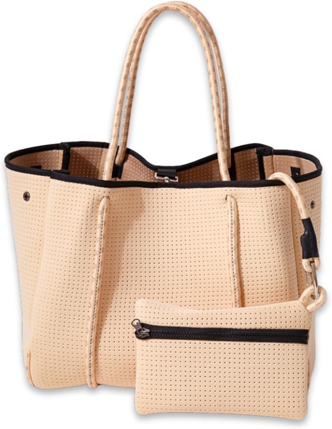 POPUPS Large Neoprene Tote Bag for Women - Everyday Designer Handbag for Travel Work and Beach with Pockets and Zipper Pouch by POPUPSBrand