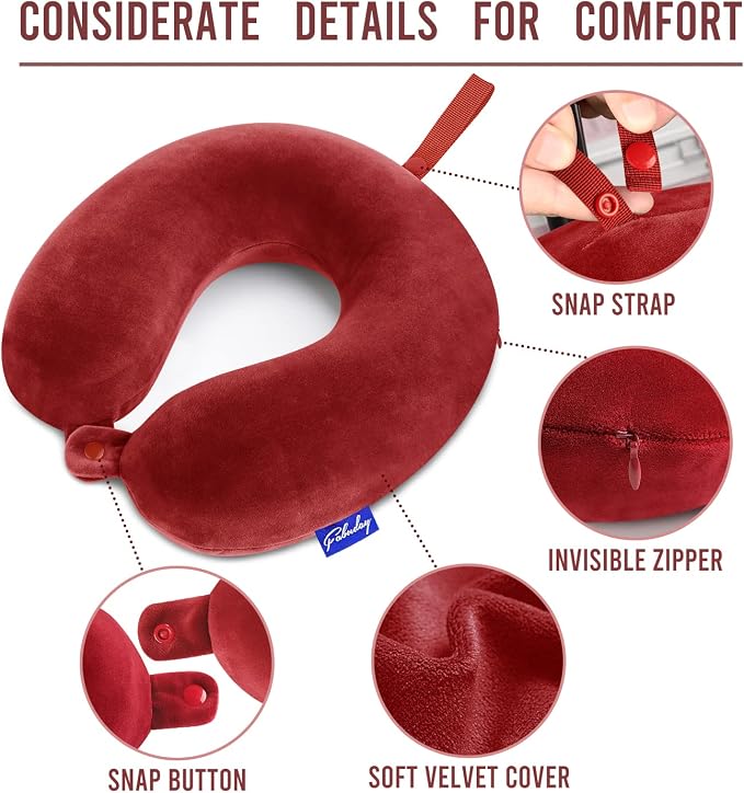 Neck Pillows for Travel - Airplane Pillow for Long Flight with Attachable Snap Strap Washable Cover, Memory Foam Travel Rest Pillow for Airplanes, Plane, Neck Support for Adults Red - Image 6