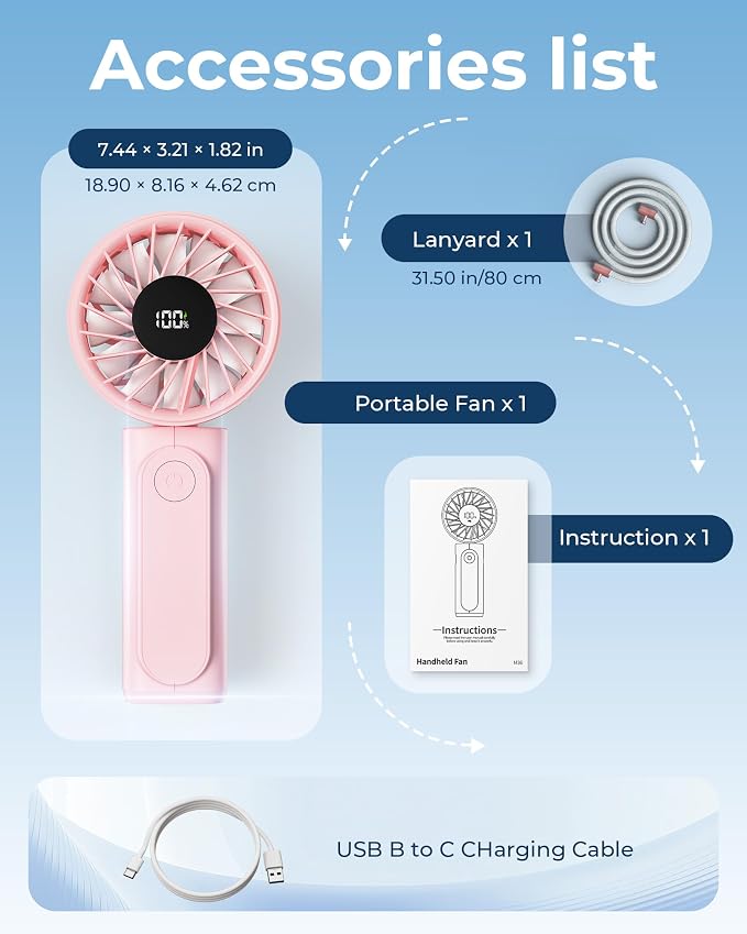 Peiyuu Handheld Portable Fan, 4000mAh USB Rechargeable Personal Fan, 180° Foldable Mini Desk Fan with 6 Wind Speed, LCD Digital Display, Lanyard as Neck Fan, Ultra Quiet - Image 8