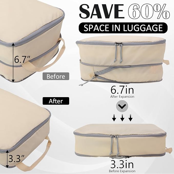 Compression Packing Cubes for Travel Suitcase Organizer Bags, Beige, L | Expandable Travel Cubes for Packing Luggage Organizer Bags Compression Bags for Travel Essentials - Image 4