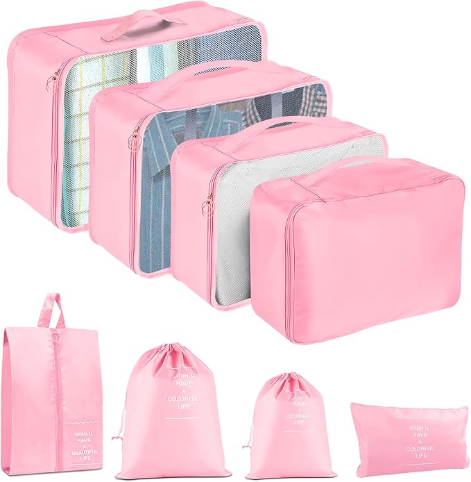 Packing Cubes for Travel- 8 Set Luggage Organizer Bags for Family, Mesh Breathable Travel Packing Cubes for Suitcases Durable Travel Essentials Bags Set (Pink, 8 Set) by YEEYAA