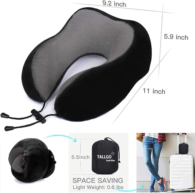 TALLGO Travel Pillow, Best Memory Foam Neck Pillow Head Support Soft Pillow for Sleeping Rest, Airplane Car & Home Use (Black) - Image 4