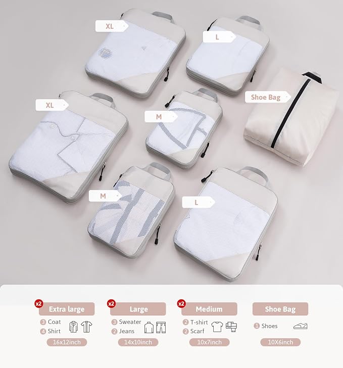 Meowoo 7 Set Compression Packing Cubes for Travel, Durable Ripstop Mesh Suitcase Organizer with Shoe Bag, Ultralight & Expandable Space Saver Travel Cubes - Image 2