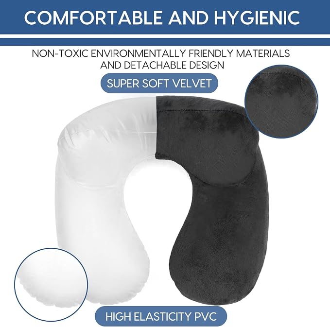 Inflatable Travel Pillow for Airplane Inflatable Neck Pillow for Traveling with Soft Velvet Washable Cover for Sleeping, Airplane,Train, Car, Office, Contoured Eye Masks, Earplugs (Dark Gray) - Image 5