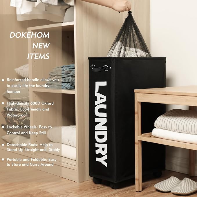 DOKEHOM 29" Enlarged Slim Rolling Laundry Basket Hamper on Wheels, Black | Collapsible tall laundry hamper with removable mesh wash bag. Foldable narrow corner clothes storage bin for small spaces - Image 2